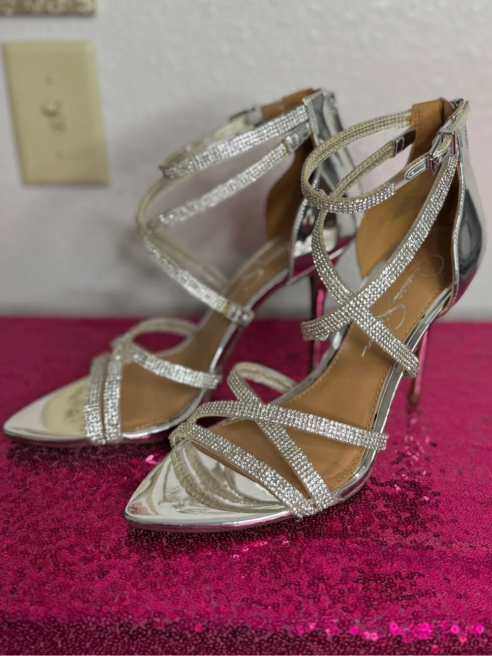 JESSICA SIMPSON 💎 Silver Rhinestone Strappy Stiletto Heels (Women’s Size 9)